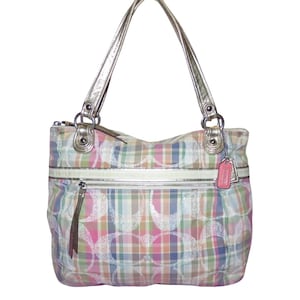 Coach Poppy Madras Plaid Pattern Canvas & Leather Sequined Tote