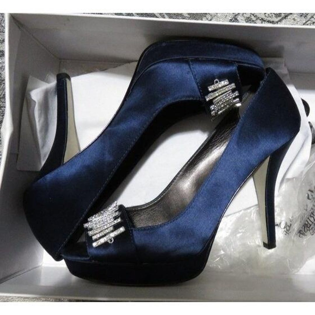 Calvin Klein Cara Silk Satin Jewel Embellished Peep Toe Pumps Blue