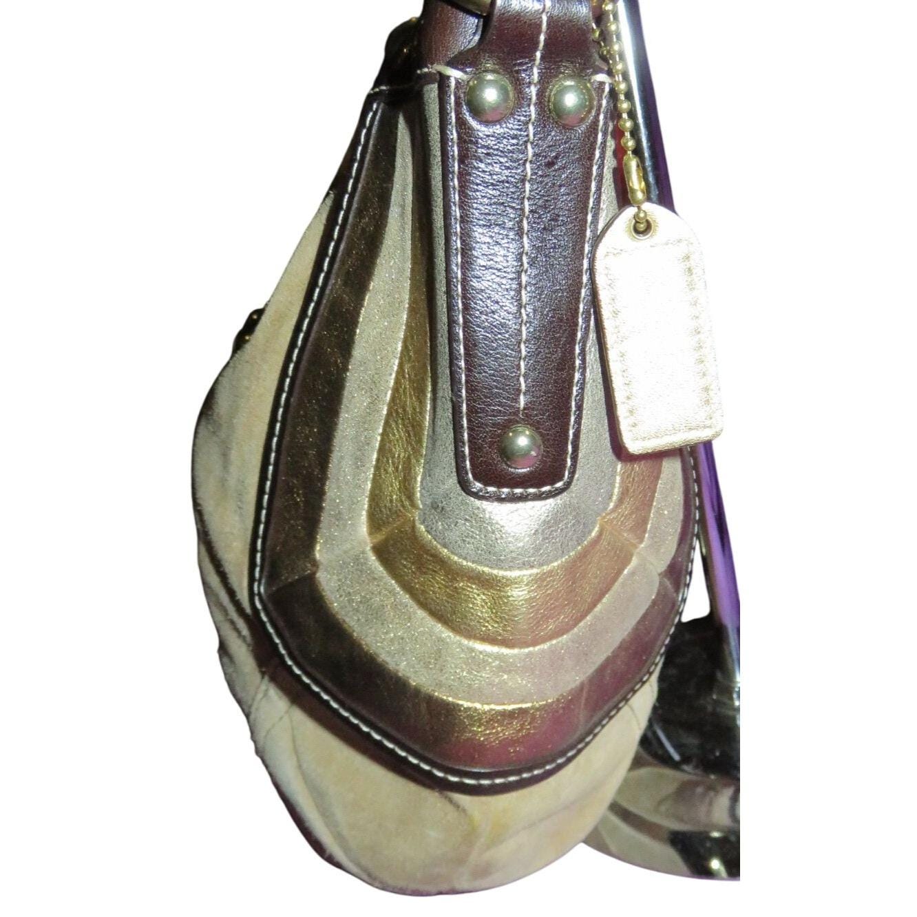 COACH Maggie Brass Studded Metallic Tan Suede & Brown Leather Hobo