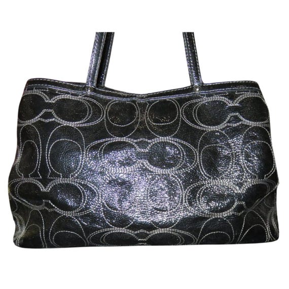 バッグ Coach Signature Kisslock Tote Rare Coach Black Signature C Stitched Patent Leather Tote Kisslock