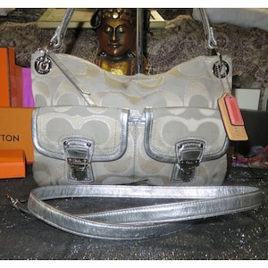 Coach Y2K Poppy Grey & Silver Metallic Signature Hippie Jacquard Bag Push-locks