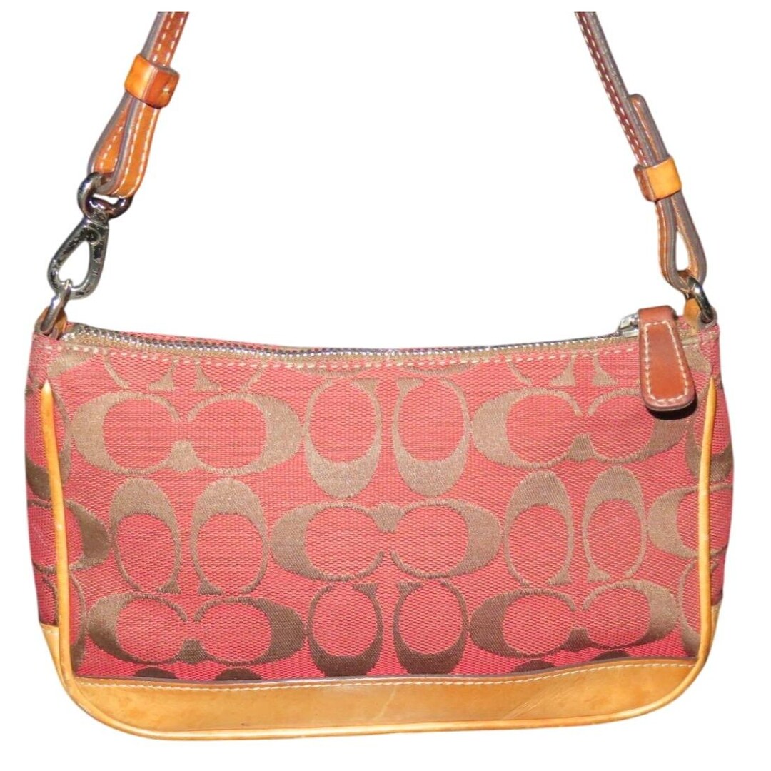 バッグ Coach Baguette Hampton Semi Demi Bag Y2K Coach Y2K Hampton Red Canvas & Tan Leather Signature Jacquard Demi