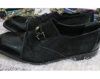 Versace Medusa Head Black Italian Leather & Suede Derby Oxford Loafers Dress Shoes 13
