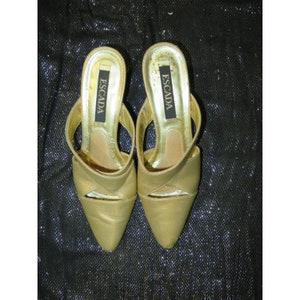Escada Vintage Gold Satin & Leather Kitten Heeled Mules Sandals size 6 B