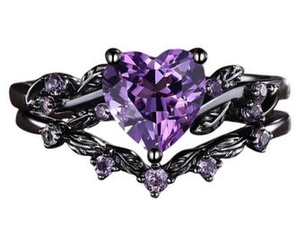 Alliance de fiançailles 2 pièces en améthyste taille cœur et moissanite sertie sur rhodium