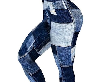 Niebieskie dżinsowe legginsy z wysokim stanem i łatkami modelującymi brzuch, niebieskie dżinsowe legginsy z łatkami, 3X, 4X, 5X, duże rozmiary