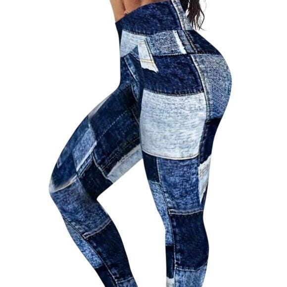 Blue Denim Patchwork High Waisted Tummy Control Blue Denim Patchwork Leggings 3X 4X 5X Plus Size