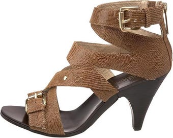 Michael Kors Tatum Cross Strap Reptile Embossed Shimmering Leather Cone Heels