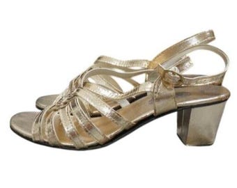 H&M Gold Vegan Leather Strappy Slingback Block Heeled Sandal size 8