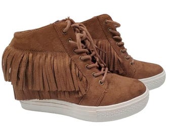 Not Rated Nick Retro Brown Micro Suede Fringe Hidden Lift Wedge Lace Up Booty Sneakers