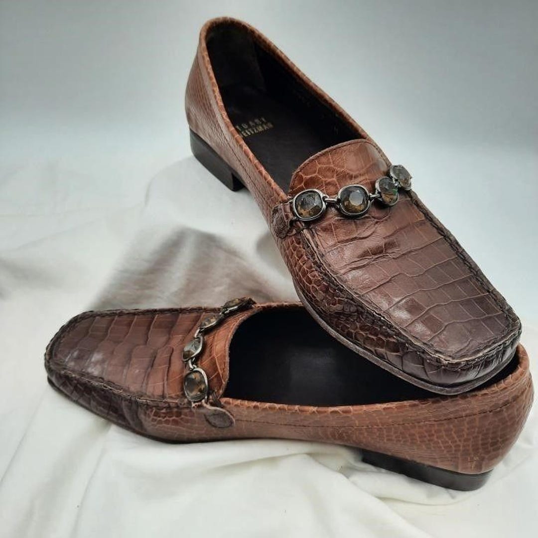 Stuart Weitzman Brown Italian Leather Croc Embossed Gem  display picture 2