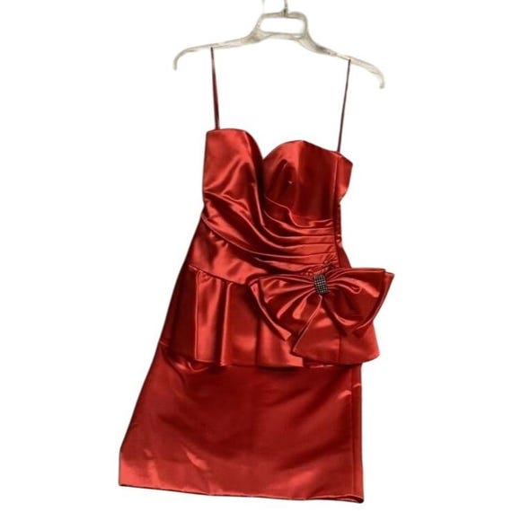 red satin peplum dress Angelina Peplum Stretch Satin Midi Dress - Red