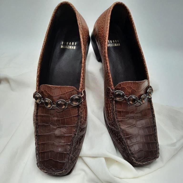 Stuart Weitzman Brown Italian Leather Croc Embossed Gem 