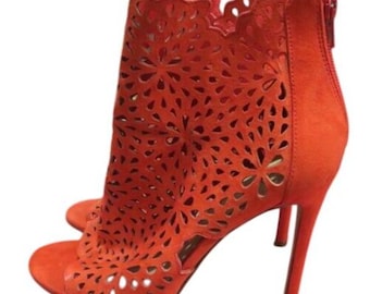 Aldo Ralidien Red Vegan Leather perforated peep toe booties heeled ankle boots
