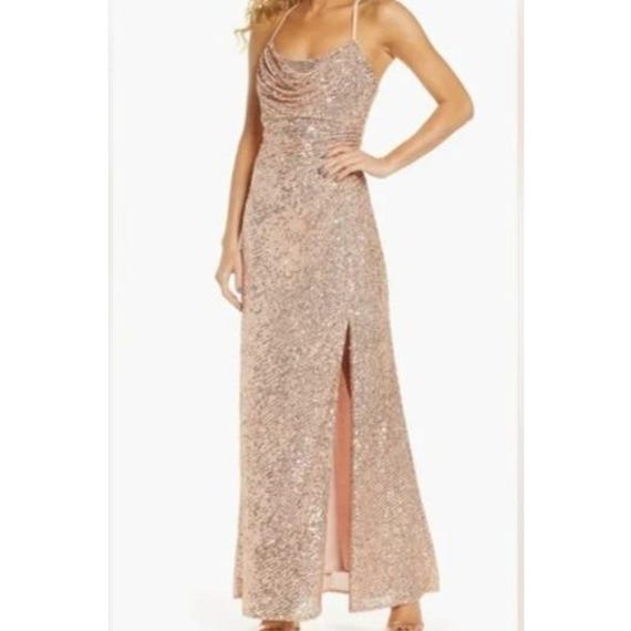 slim fit dress slacks Morgan & Co 10141 Formal Long Metallic Prom Dress
