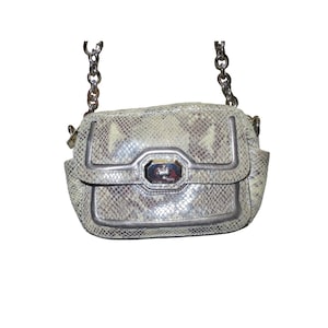 May include: A small, light-colored handbag with a snakeskin pattern. The bag has a silver-colored chain strap and trim. A silver clasp is centered on the front. The bag has a rectangular shape with rounded edges.