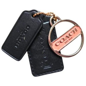 May include: Black leather Coach keychains with embossed branding. One keychain has a gold-tone ring with a peach-coloured rectangular tag that reads "COACH EST. 1941". The keychains are connected by a gold-tone chain.