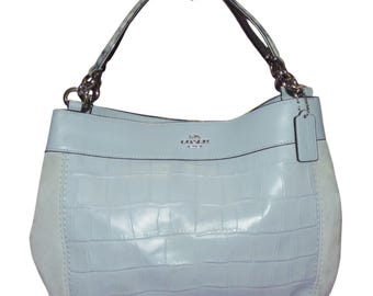 Coach Lexi Dusty Pale Blue Croc Embossed Leather & Suede Shoulder Handbag