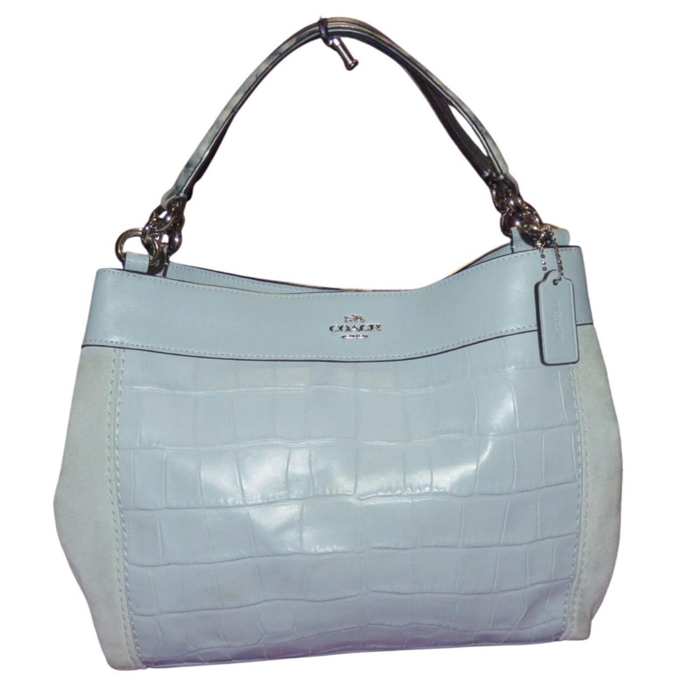 Coach Lexi Dusty Pale Blue Croc Embossed Leather & Suede Shoulder
