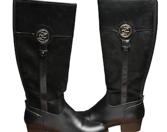Liz Claiborne Tilia Black Mixed Suede and Leather Stacked Heel Riding Boots 7.5