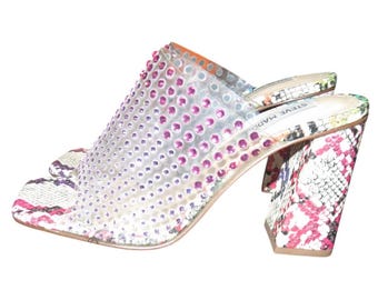 Steve Madden Y2K Multicolor Rhinestone Embellished Snake Skin Heeled Mules Size 6