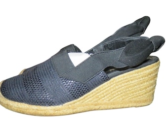 Sandálias espadrille Ralph Lauren Helma em couro trançado preto, tamanho 7