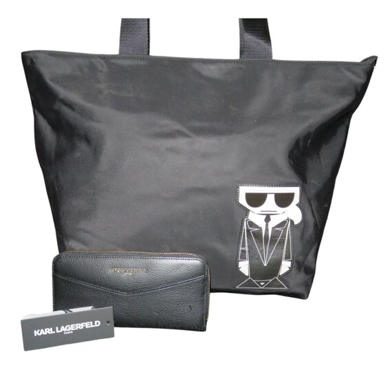 Karl Lagerfeld Paris Black Nylon Amour Tote and Leather Zip around Long Wallet