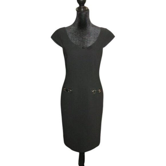 Tahari Arthur Levine Size 2 Black Midi Sheath Shift Tunic Dress Metal Accents