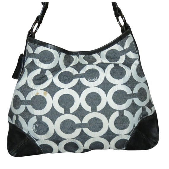 COACH Peyton 14512 Op Art Black and White Denim & Leather Hobo Bag