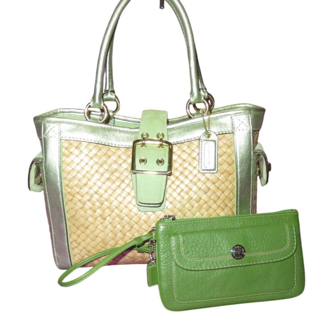 Coach 2005 Limited Edition Raffia & Green Suede Leather Top Handle Tote ...