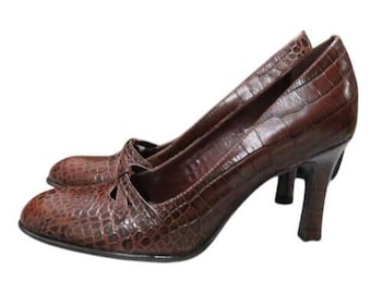 Zapatos de tacón Franco Sarto Vulcan de piel italiana color chocolate con relieve de cocodrilo, talla 5.5.