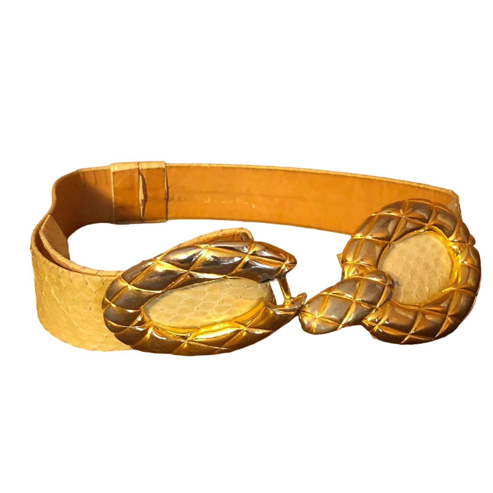 Alexis Kirk Vintage White Italian Snakeskin leather Gold embellished buckle belt Vintage Alexis Kirk Gold & Silver Tone Statement Belt: Faux  main image 3