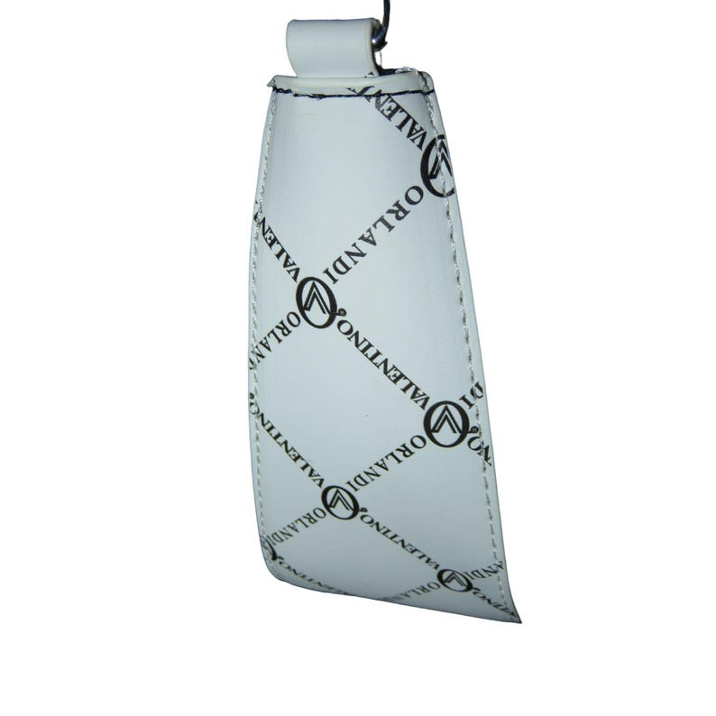May include: White leather key fob with a repeating black "VALENTINO ORLANDI" logo pattern. The fob has a loop at the top for attachment and a curved, elongated shape. The stitching is visible along the edges.