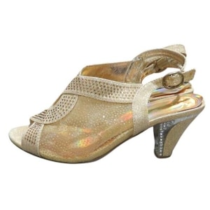 May include: Gold-colored open-toe sandal with a small heel. The sandal features a strap around the ankle and a decorative design on the front. The heel is approximately 2 inches high.