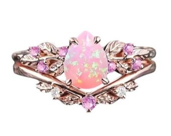 Ethiopian Pink Fire Opal 2 Pieces Engagement Ring Set 14K Gold plated