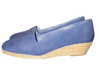 André Assous Blue Khloe Woven Italian Leather Espadrille Wedges size 6.5