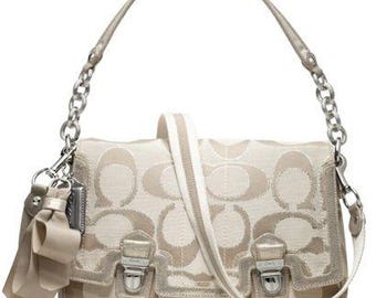 Coach Poppy Signature C Metallic Sateen & Leather Messenger Flap Satchel  #18352