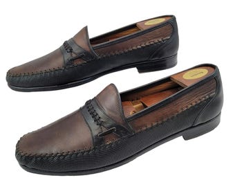 Mocasines Mezlan Vintage de piel italiana con bloques de color marrón y negro, talla 9 M
