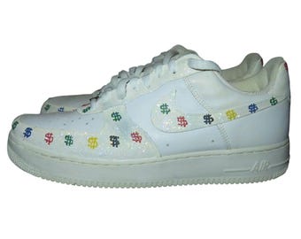 Nike Air Force 1 White Leather Custom Glow in the dark Dollar Signs Sparkly sneakers size 11
