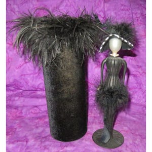 Vintage Victorian 11 inch Display Doll with case in Black Velvet with Feathers