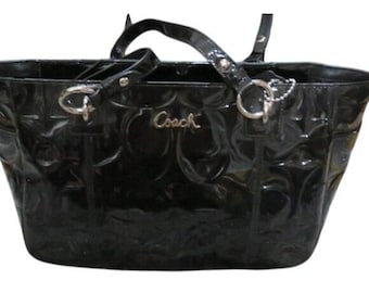 Vintage Coach Black Patent Leather Signature Style Shoulder  Coach Black Patent Signature Tote with Tan Trim and Hang Tag main image 0