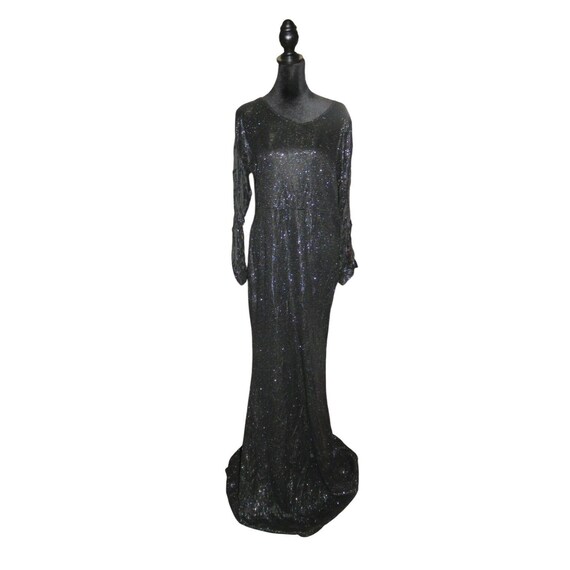 Black Maxi bodycon shimmer long ribbon sleeve mermaid bottom evening dress