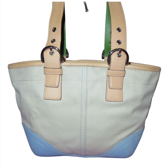 Vintage Coach Daisy Soho Tote, Y2K Cream & Blue Canvas With