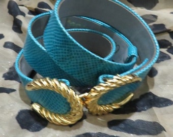 Wunderschöner Alexis Kirk Vintage-Gürtel aus Schlangenleder in Blaugrün mit Lederverzierung