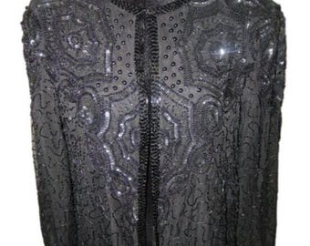 Adrianna Papell Evening 100% Italian Silk Hand Beaded Jacket Medium 10 Vintage