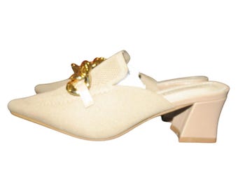 NEWBELLA Tan Mesh Chain Embellished Chunky Heeled Pointed Toe Mules