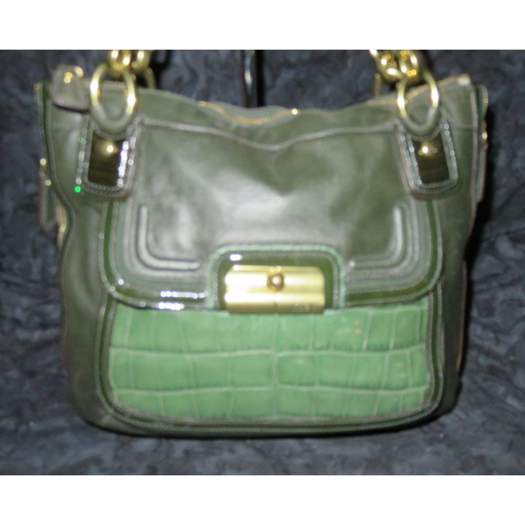 COACH Kristen Spectator Green Color Block Croc Embossed Exotic Leather ...