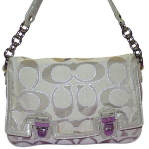 Coach Poppy Signature C Metallic Canvas & Leather Messenger Flap Satchel