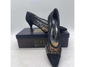 Stuart Weitzman Schwarzes Italienisches Leder geschnürt & gestickte Kätzchenfersenpumps 8.5