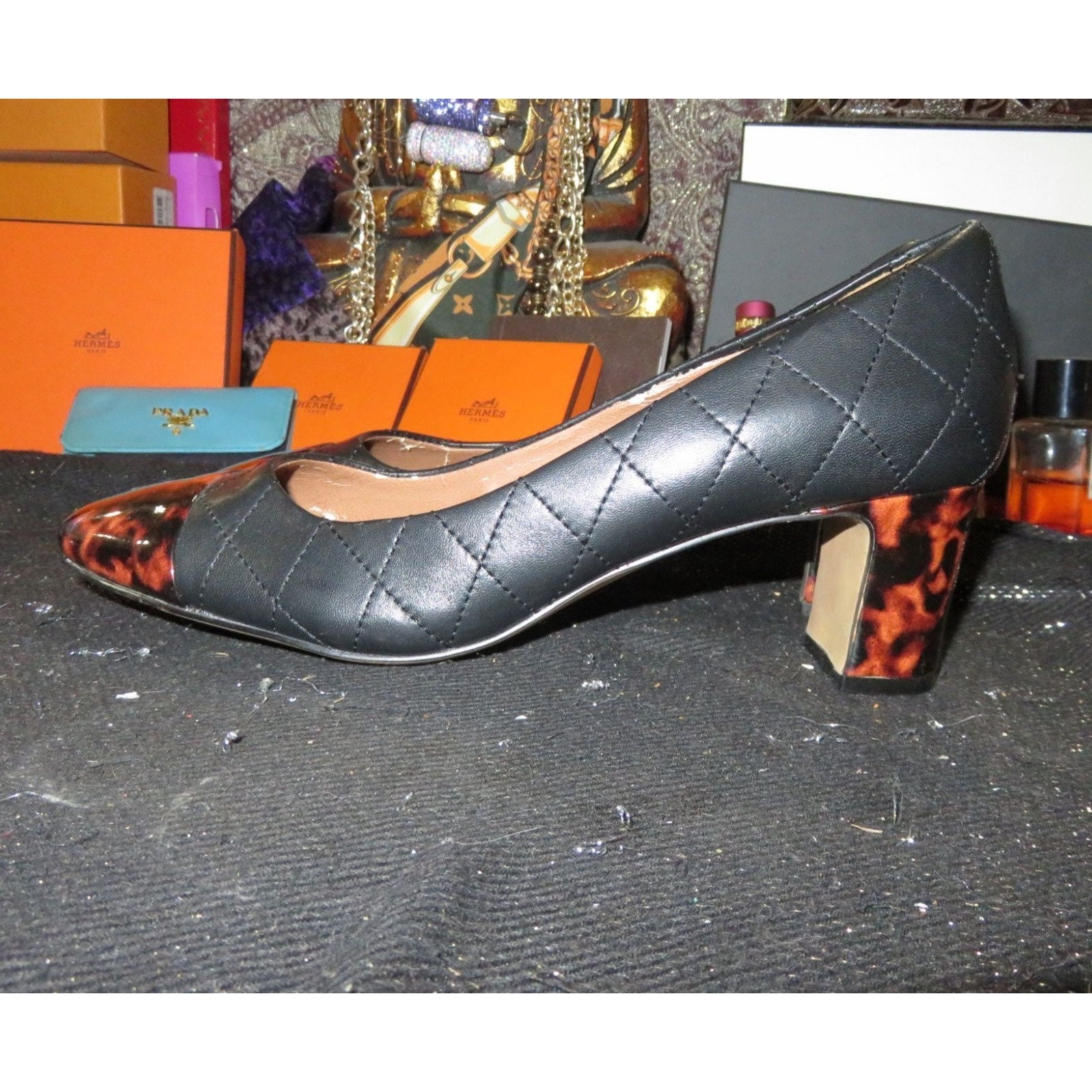 Donald Pliner Vintage Cristin Black Quilted Leather Tortoise Lucite block Heel Toe caps